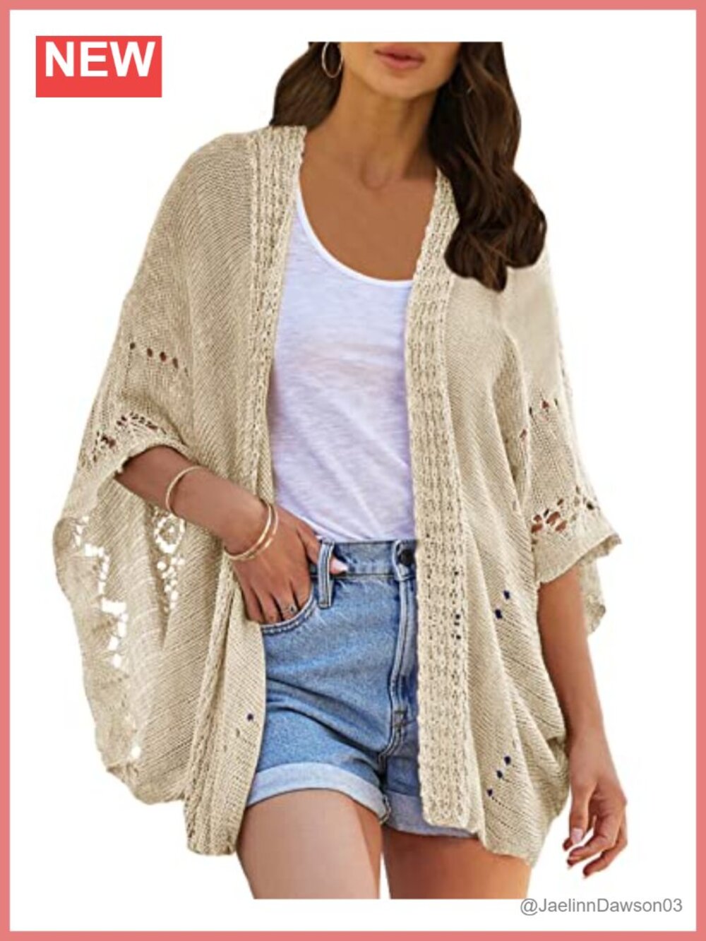Crochet open front kimono cardigan, acrylic, batwing sleeve, lightweight